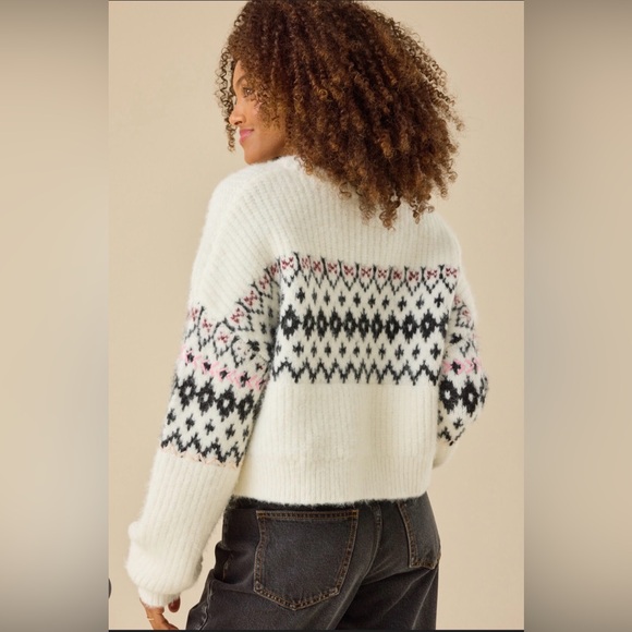 Altar'd State White Sweater with Black and Pink Pattern - Picture 3 of 8